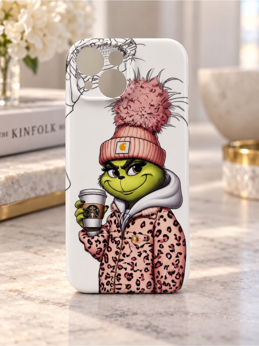 Pink Pom Beanie Green Character Leopard Jacket iPhone 15 Hard Case